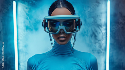 a woman wearing a blue outfit and goggles