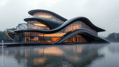 Futuristic lakeside building with curved glass windows reflecting the sky and trees. AI. photo