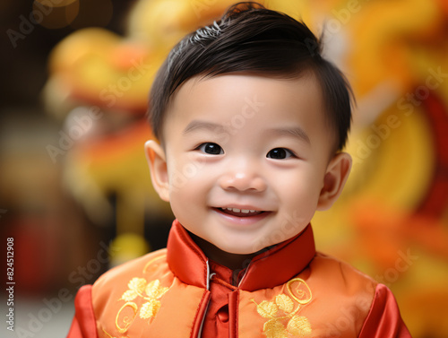 a smiling baby in a red and orange chinese garment