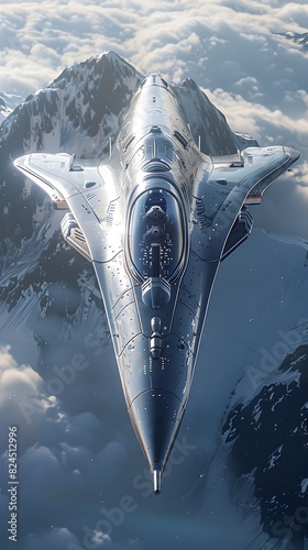 Sleek Supersonic Interceptor Darting Through the Upper Atmosphere with Crystalline,Photovoltaic Plating and Bioluminescent Accents photo