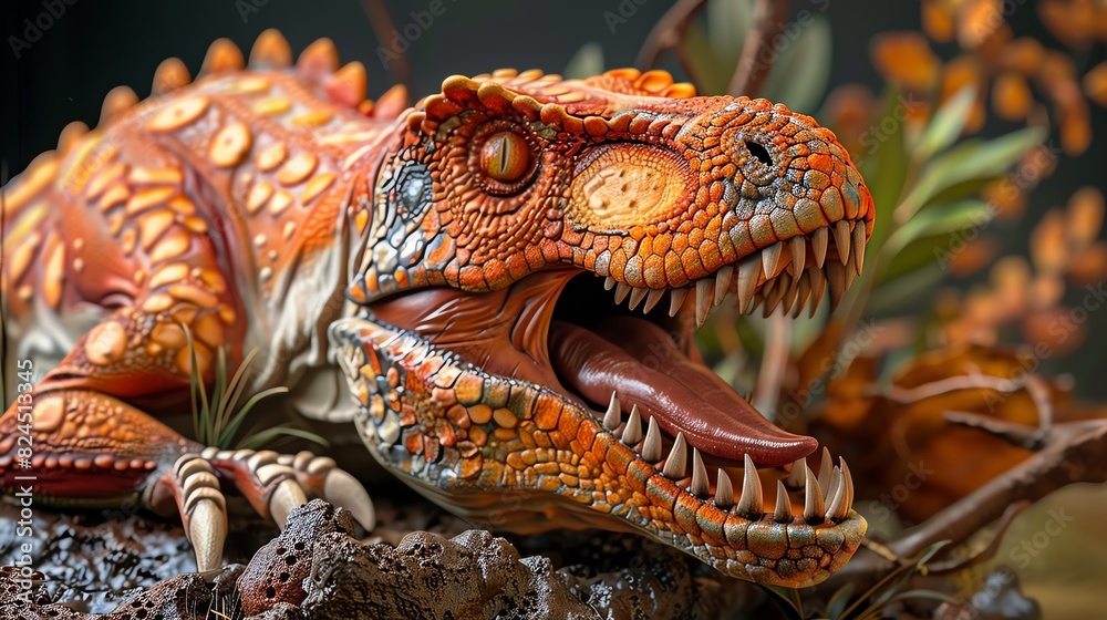 Fototapeta premium A closeup of a detailed dinosaur cake with scales, claws, and a roaring TRex head, rich colors, intricate design, HyperRealism, 3D Render