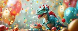 A child blowing out candles on a dinosaur cake with a smiling Triceratops, balloons and confetti falling, bright and colorful, Realism, Illustration