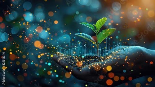 An abstract depiction of a hand nurturing a plant with a rising chart, symbolizing fostering growth. stock photo photo