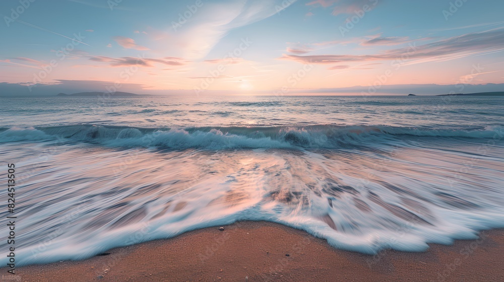 Serene Beach at Sunset with Gentle Waves Caressing the Shoreline
