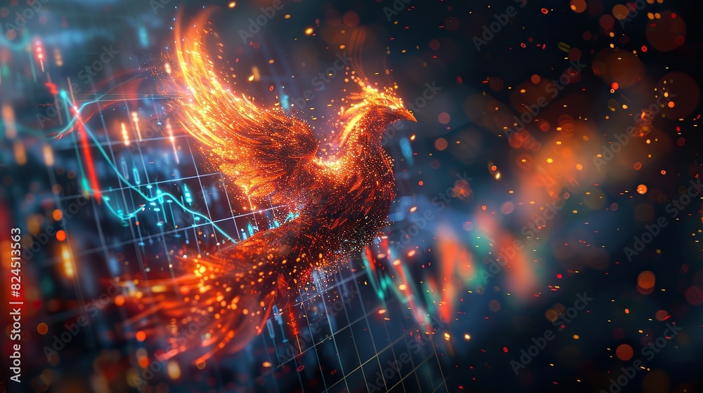 An abstract depiction of a phoenix rising with a growing chart, symbolizing rebirth and economic resurgence. image An abstract depiction of a phoenix rising with a growing chart, symbolizing rebirth and economic resurgence. image