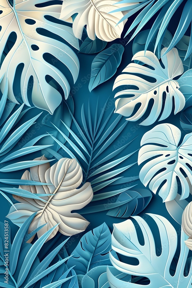 Vibrant Tropical Leaf Pattern with Monstera,Palm,and Banana Leaves in Soft Blue Background Vibrant Tropical Leaf Pattern with Monstera,Palm,and Banana Leaves in Soft Blue Background