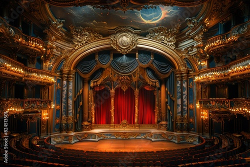 Grand opera house with opulent details and a majestic stage