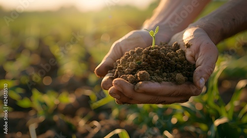 Obraz na płótnie Nurturing Growth: Hands Holding Fertile Soil with Sprouting Plant in Warm Sunlight w salonie