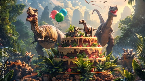 A dinosaurthemed birthday party with a multilayered cake featuring various dinosaurs, jungle decorations, balloons, and happy children, Digital Painting photo