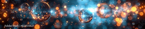 Abstract 3D Background. Gentle pulsating light illuminates floating orbs and cubes in a vast 3D space, creating a soothing and magical scene. photo