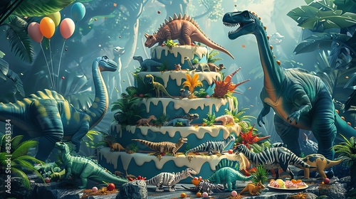 A dinosaurthemed birthday party with a multilayered cake featuring various dinosaurs, jungle decorations, balloons, and happy children, Digital Painting