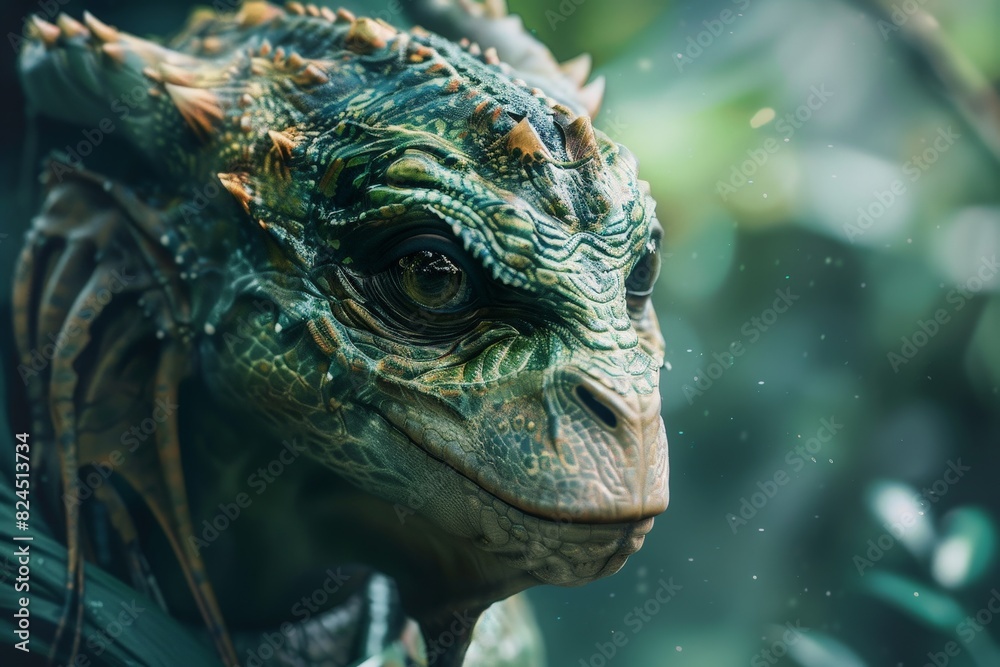 Close-up of a vibrant green lizard with intricate scales and a piercing gaze Close-up of a vibrant green lizard with intricate scales and a piercing gaze