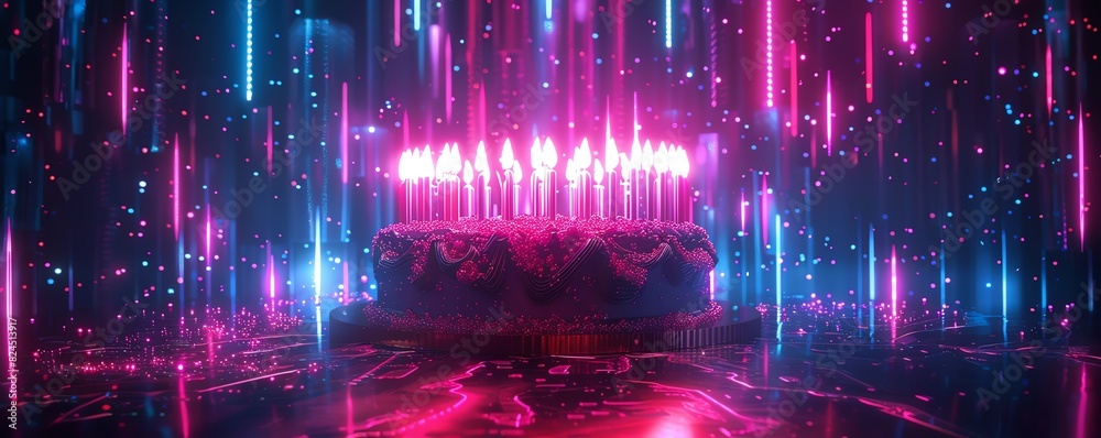 Futuristic birthday cake with 100 glowing holographic candles, family and friends in a modern setting, neon lighting, Cyberpunk, 3D Render