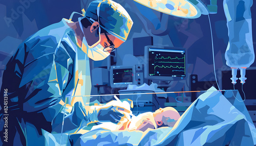 Clipart of a neonatologist conducting a delicate procedure on a premature baby ar7 4 Generative AI photo