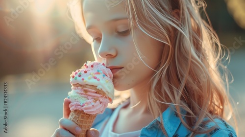 Image of a lonely young girl eating a deliciously decorated ice cream. photo