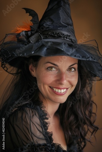 Smiling witch in black costume