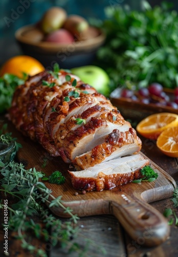 Sliced roasted turkey breast with fresh herbs and citrus photo