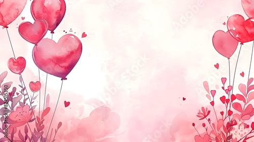 Romantic Valentine s Day Border Design with Watercolor Balloons Candles and Floral Arrangements photo