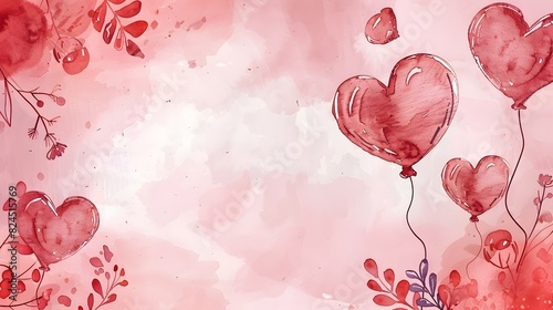Romantic Watercolor Valentine s Day Doodle Background with Floral Balloons and Blank Copy Space