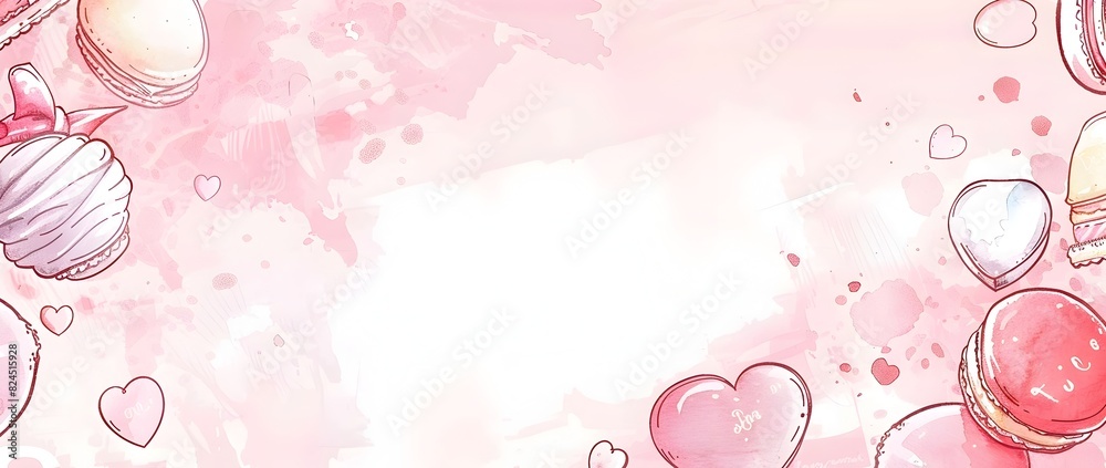 Pastel Toned Valentine s Day Doodle Border with Cupid Heart Shaped Notes and Macarons for Mockup or Background
