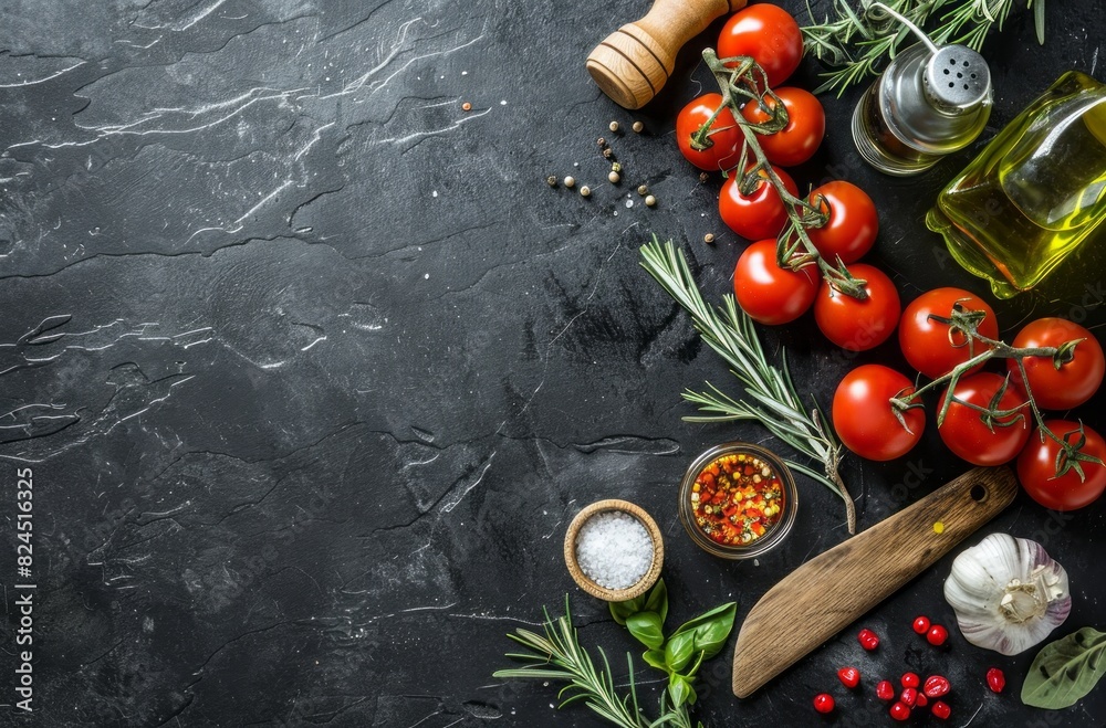 Photo of a black background with food ingredients and cooking utensils on the right side for a stock photo, with copy space at the center