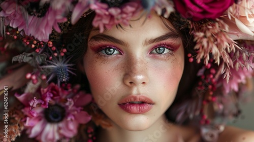 A beautiful girl with flowers in her hair.