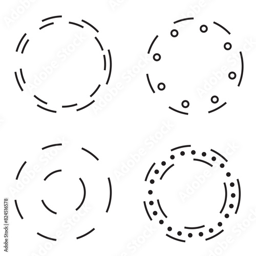 Round frames for logo. Wavy, dashed, dotted black circle lines. Hand drawn doodle by marker. isolated on white background. EPS 10