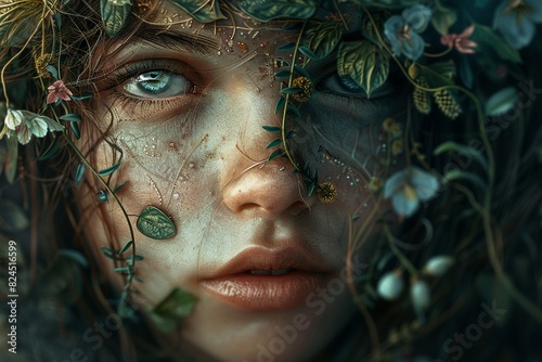 A close up portrait of a beautiful woman with green eyes and freckles, wearing a crown of flowers and leaves. The background is out of focus and there is a soft light shining on her face. photo