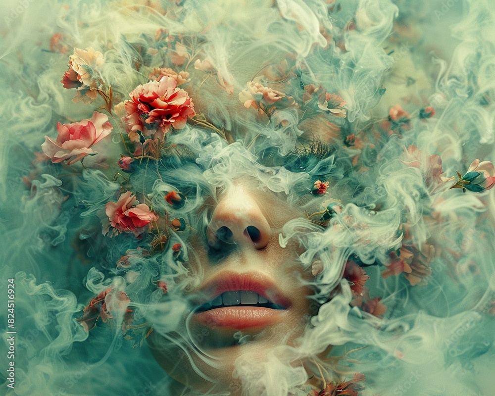 A woman's face is obscured by a cloud of smoke and flowers.