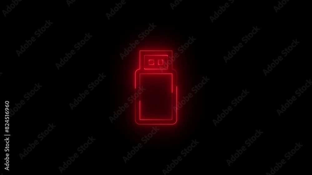 Neon USB pen drive icon red glowing black background animation Neon USB pen drive icon red glowing black background animation