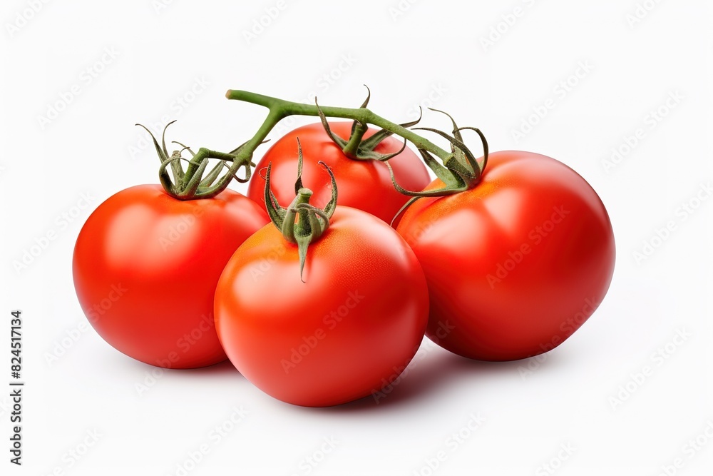 Fresh tomatoes on a green stem isolated on white background. Close-up, side view Fresh tomatoes on a green stem isolated on white background. Close-up, side view