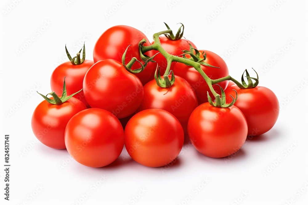 Fresh tomatoes on a green stem isolated on white background. Close-up, side view Fresh tomatoes on a green stem isolated on white background. Close-up, side view