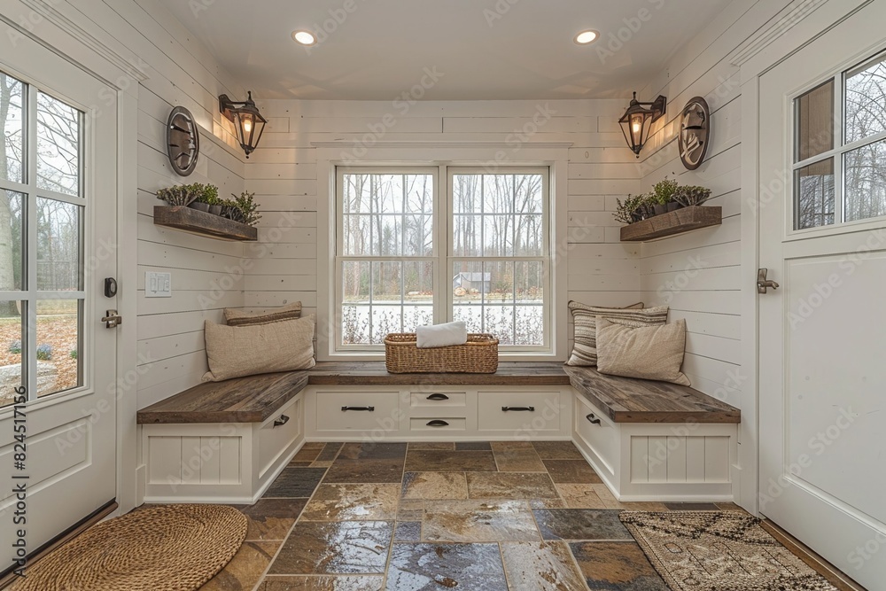 Modern farmhouse mudroom with storage benches and shiplap walls