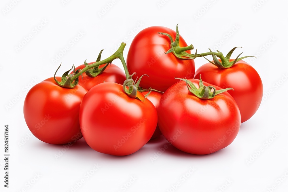 Fresh tomatoes on a green stem isolated on white background. Close-up, side view Fresh tomatoes on a green stem isolated on white background. Close-up, side view