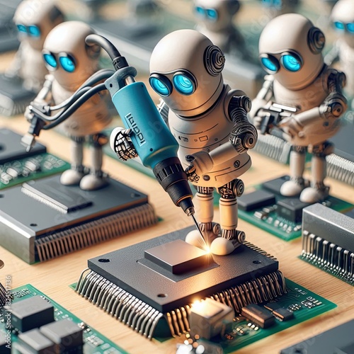 Miniature Robots Assembling AI Microchips with Generative AI. photo