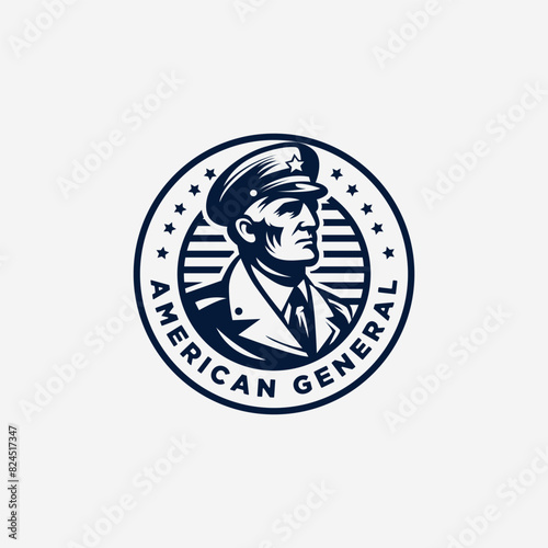 Vector Illustration Of Army General With Five Star .American Commander Military Black White Portrait Silhouette Logo Design