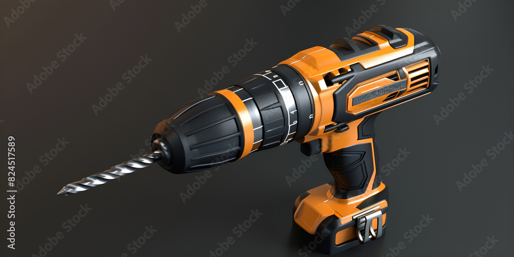   Electric drill with twist bit on dark background 
