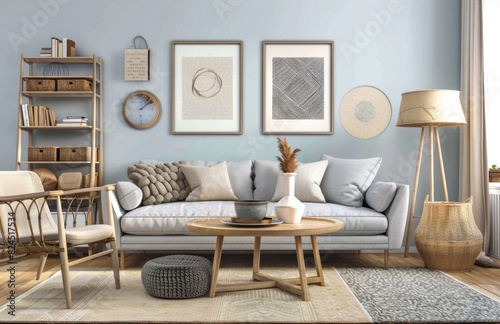 A Scandinavian style living room with blue walls. Created with Ai