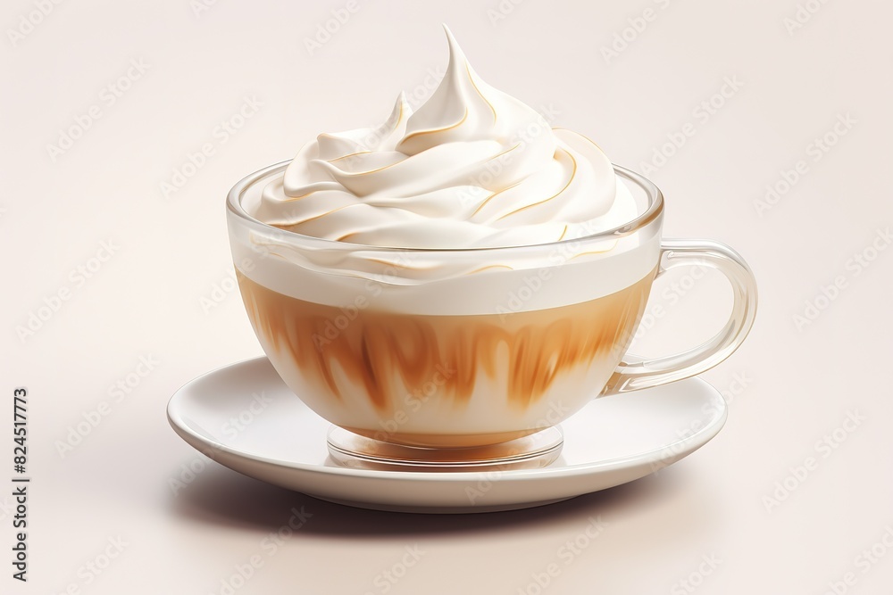 hot Espresso Con Panna coffee in a clear glass on a white background with coffee beans.in studio. hot Espresso Con Panna coffee in a clear glass on a white background with coffee beans.in studio.