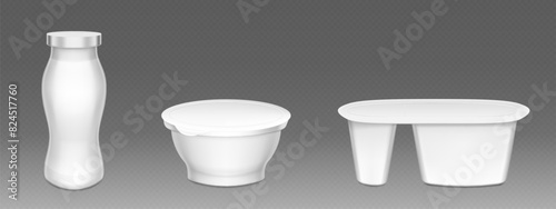 Plastic yogurt cup mockup. White cream pot package for yoghurt. 3d blank jar for dessert box mock up. Closed round food packaging with cover for sweet dairy isolated set. Empty realistic snack can