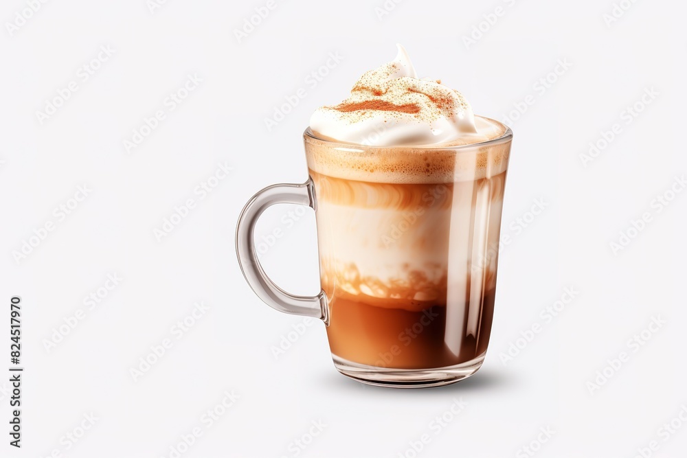 Hot Cappuccino coffee in a clear glass on a white background with coffee beans. Hot Cappuccino coffee in a clear glass on a white background with coffee beans.