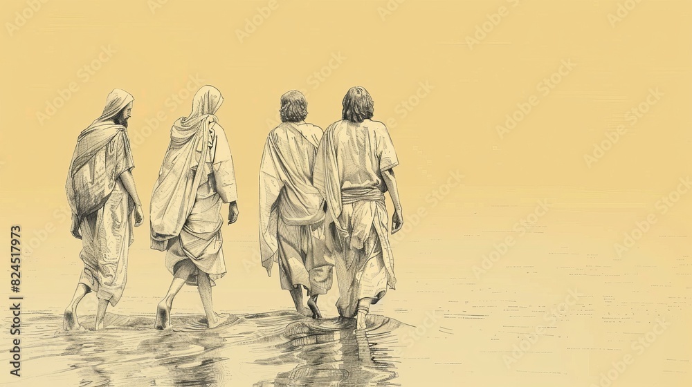 Obraz premium Jesus Walking on the Water to Meet His Disciples, Biblical Illustration of Miracle and Faith, Ideal for Religious article