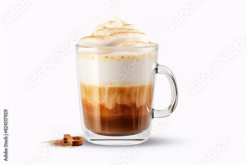 Hot Cappuccino coffee in a clear glass on a white background with coffee beans.