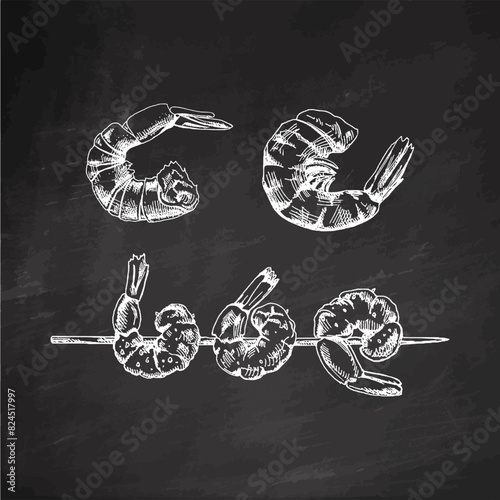 Organic food. Hand drawn retro style vector sketch of shrimps on a skewer and prawns. Doodle vintage illustration on chalkboard background. Engraved image.