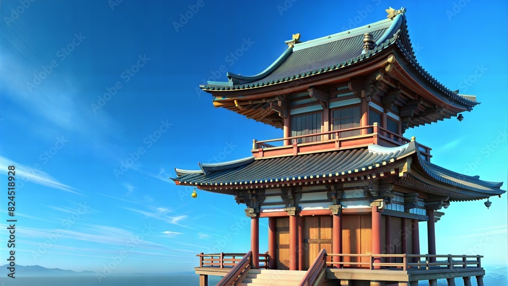 Naklejka premium the old Japanese temple in left corner with clear blue sky background