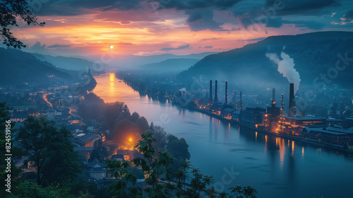 Heavy industry factories with tall chimneys surrounded with lake and city at sunset