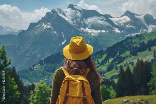 a woman wearing a yellow hat and backpack looking at a mountain range