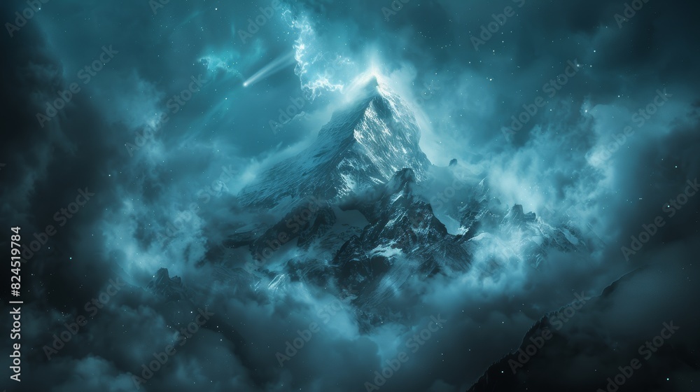 Naklejka premium Majestic Mountain Peak Emerging Through Dramatic Clouds with Glowing Aurora Borealis Above.