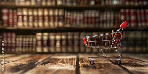 Consumer protection law, rights and guarantees, justice concept : Judge gavel, balance scale, bags, a shopping cart, depicting a safeguard designed to protect buyers from fraudulent business practices photo