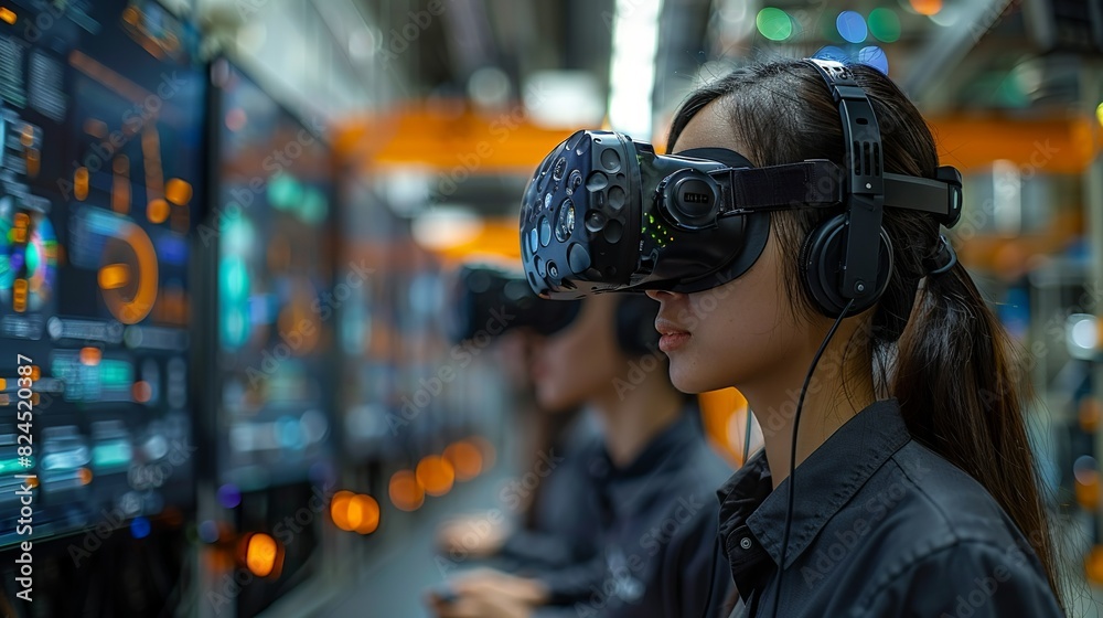 Industrial Innovation A research team using virtual reality for design simulations, illustrating the use of VR in industrial prototyping. Realistic Photo, Industrial Innovation A research team using virtual reality for design simulations, illustrating the use of VR in industrial prototyping. Realistic Photo,